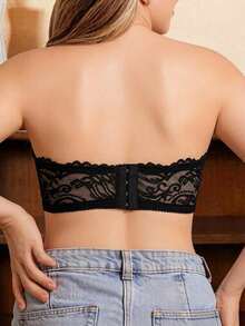 Plus Size Sexy Strapless Bandeau Bra, Comfortable Invisible No-Wire No-Padding Bra, Lace Backless Bra With Side-Boob Coverage, Anti-Sagging Lace Patchwork Bra, Minimalist Sexy Style Enhancing Bra - Black - View 3
