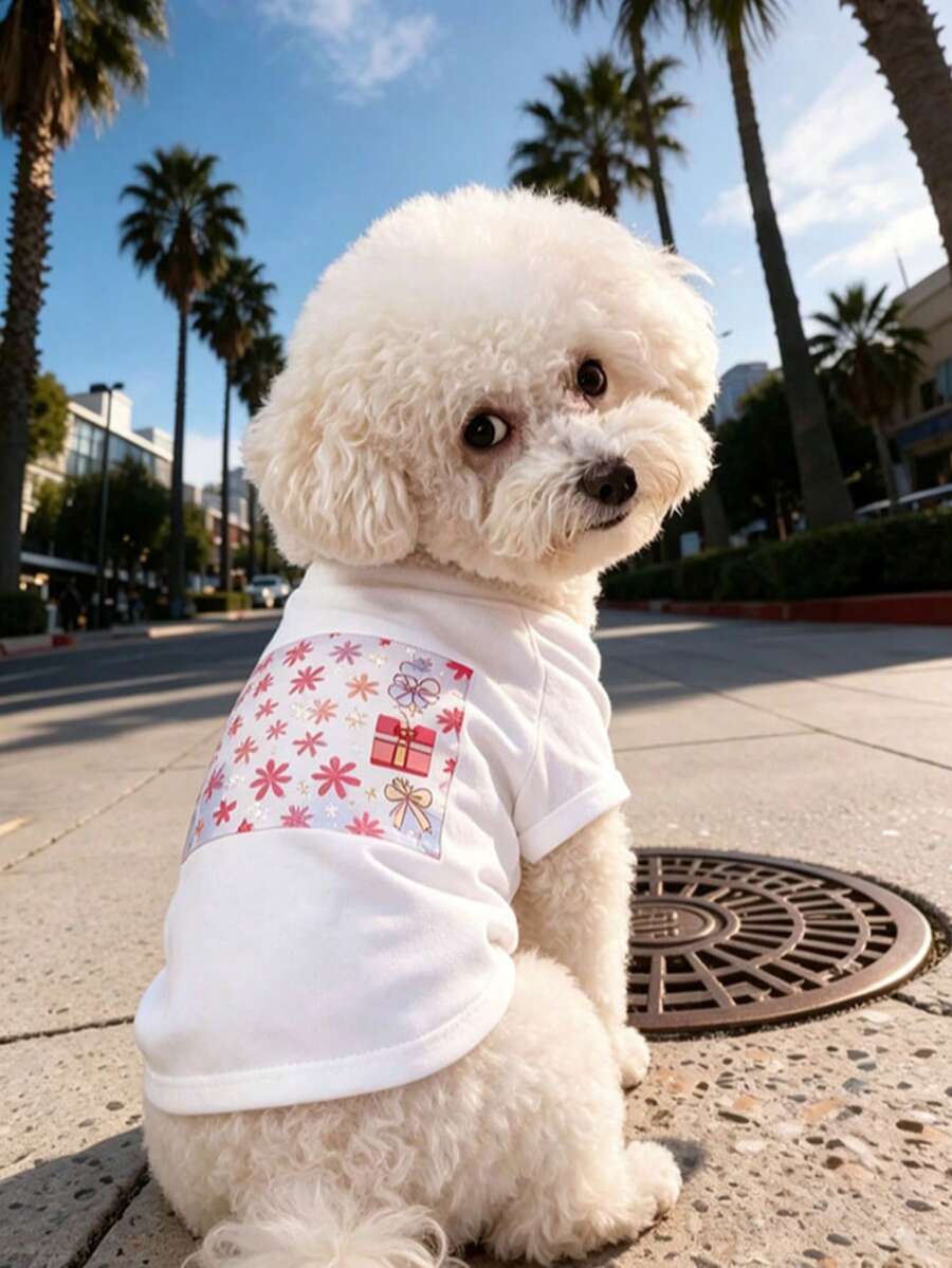1件趣味印花寵物T恤,適合小型犬與貓,透氣輕盈日常休閒寵物上衣 - 彩色 - 查看 1