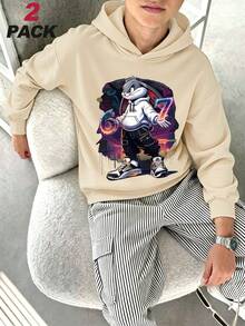 2pcs/Set Boys Cartoon Sports Outfit, Cool Rabbit 67 Neon Print Hoodie Sweatshirt With Striped Cargo Pants, Autumn/Winter Campus Wear - Apricot - View 10