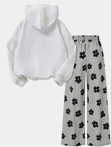 2pcs/Set Girls Hooded Zip-Up Sweatshirt With Floral Print, Paired With Casual Floral Striped Wide Leg Pants, Comfortable Autumn/Winter New Outfit - Light Grey - View 3