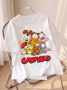 SHEIN | Garfield 可愛卡通圖案圓領T卹，休閒寬鬆街頭風T卹，夏季日常及度假上衣 白色 - 白色 - 查看 1