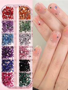 12-Grid Mixed Color Flat Bottom Acrylic Nail Rhinestone Set, Mini Round Nail Gems, 12 Vibrant Bright Colors DIY Japanese Nail Art Decoration, Salon And Home Nail Design Supplies - Multicolor - View 1