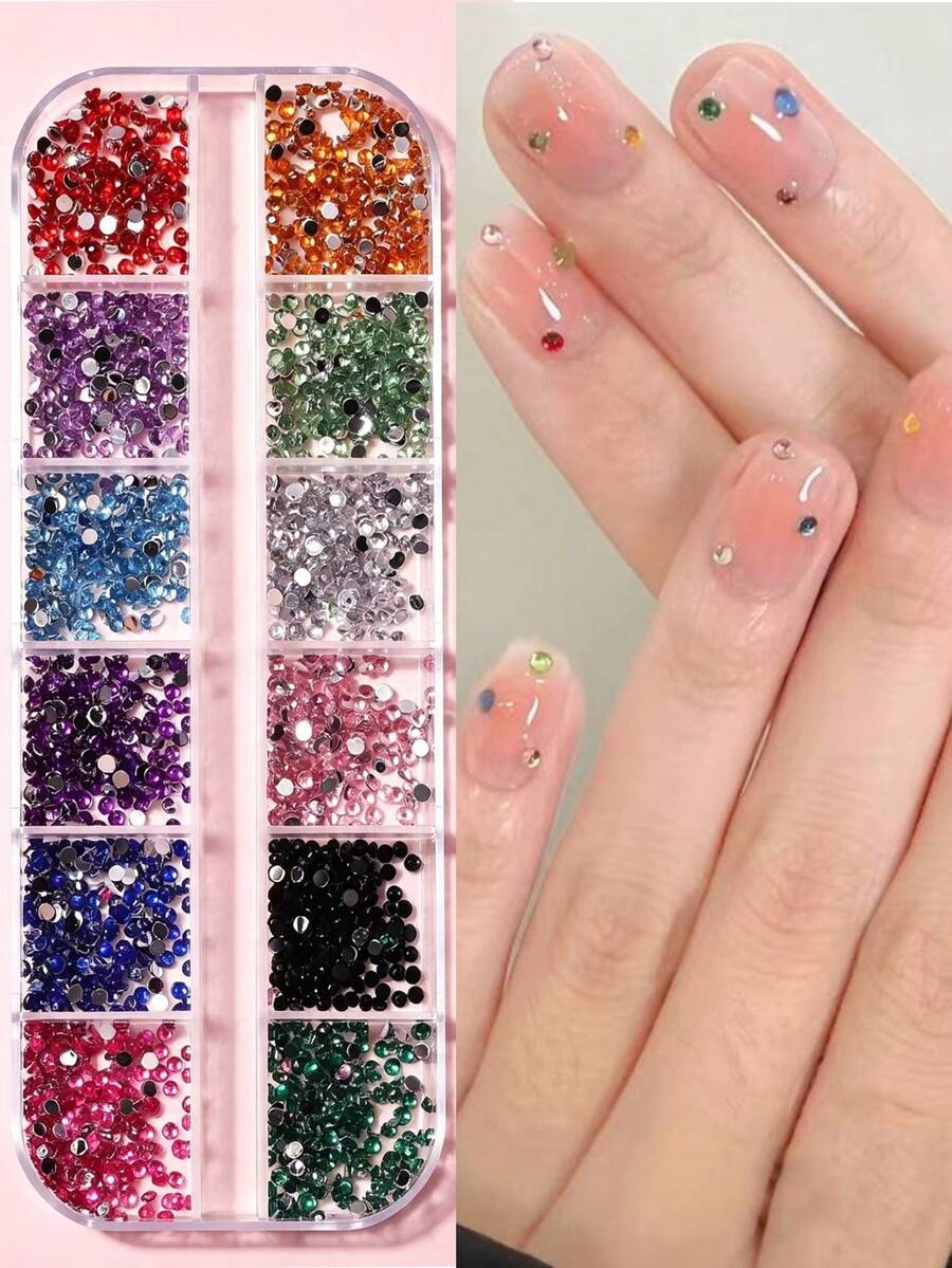 12-Grid Mixed Color Flat Bottom Acrylic Nail Rhinestone Set, Mini Round Nail Gems, 12 Vibrant Bright Colors DIY Japanese Nail Art Decoration, Salon And Home Nail Design Supplies - Multicolor - View 1