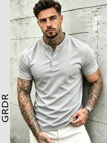 GRDR 男士美式立領亨利領純色透氣短袖T恤，極簡通勤百搭上衣 - 淺灰色 - 查看 2