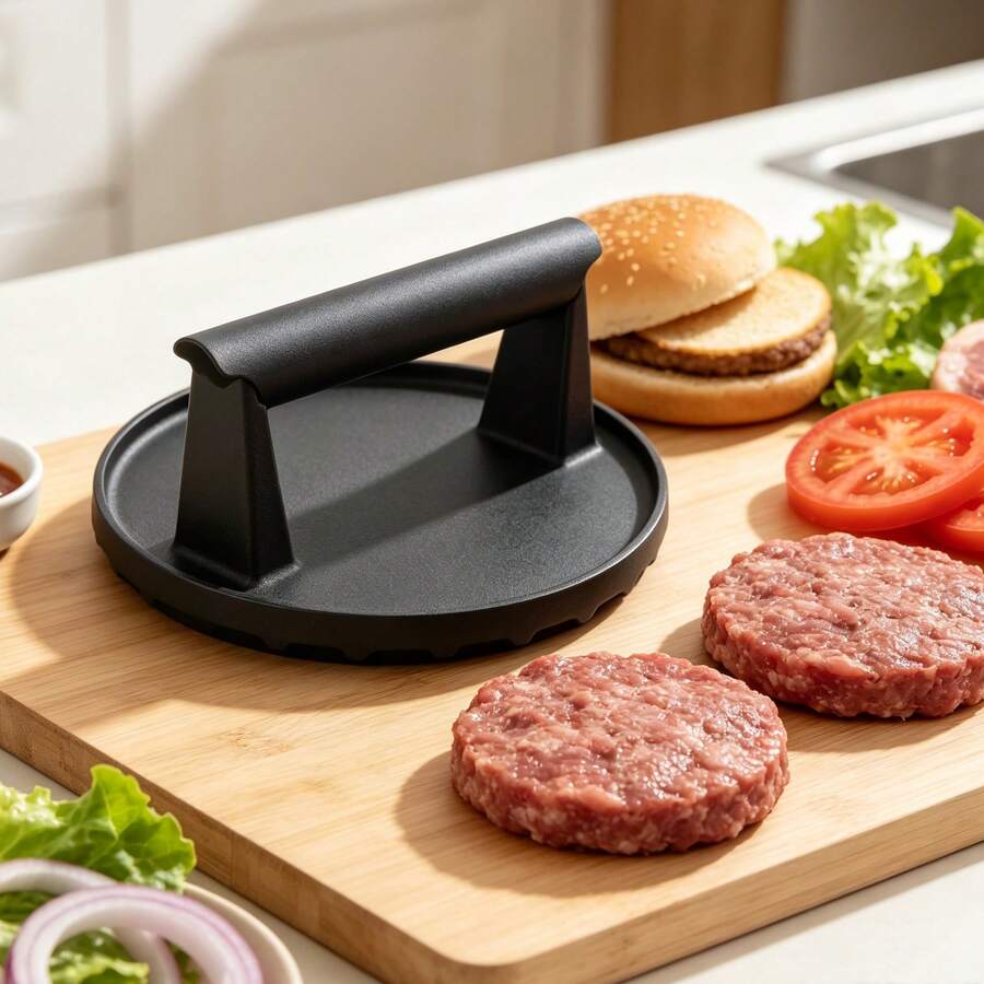 Cast Iron Burger Smasher With Handle, Round Patty Press For Hamburgers, Cooking Accessory - Black - View 1