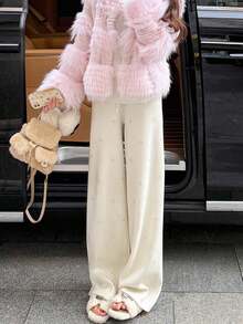 White Rhinestone Embellished Knit Wide Leg Pants, High Waist, Autumn/Winter New Style, Slouchy Chic, Draped, Slimming, Versatile Straight Leg Pants For Women - White - View 6