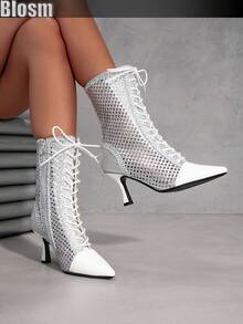 Blosm Damen Stiefeletten mit spitzer Kappe, Schnürung, Kontrastfarben und Cut-Out-Design, sexy Stiefeletten im europäischen Stil, einfarbig, knöchelhoch - Silber - Übersicht 5