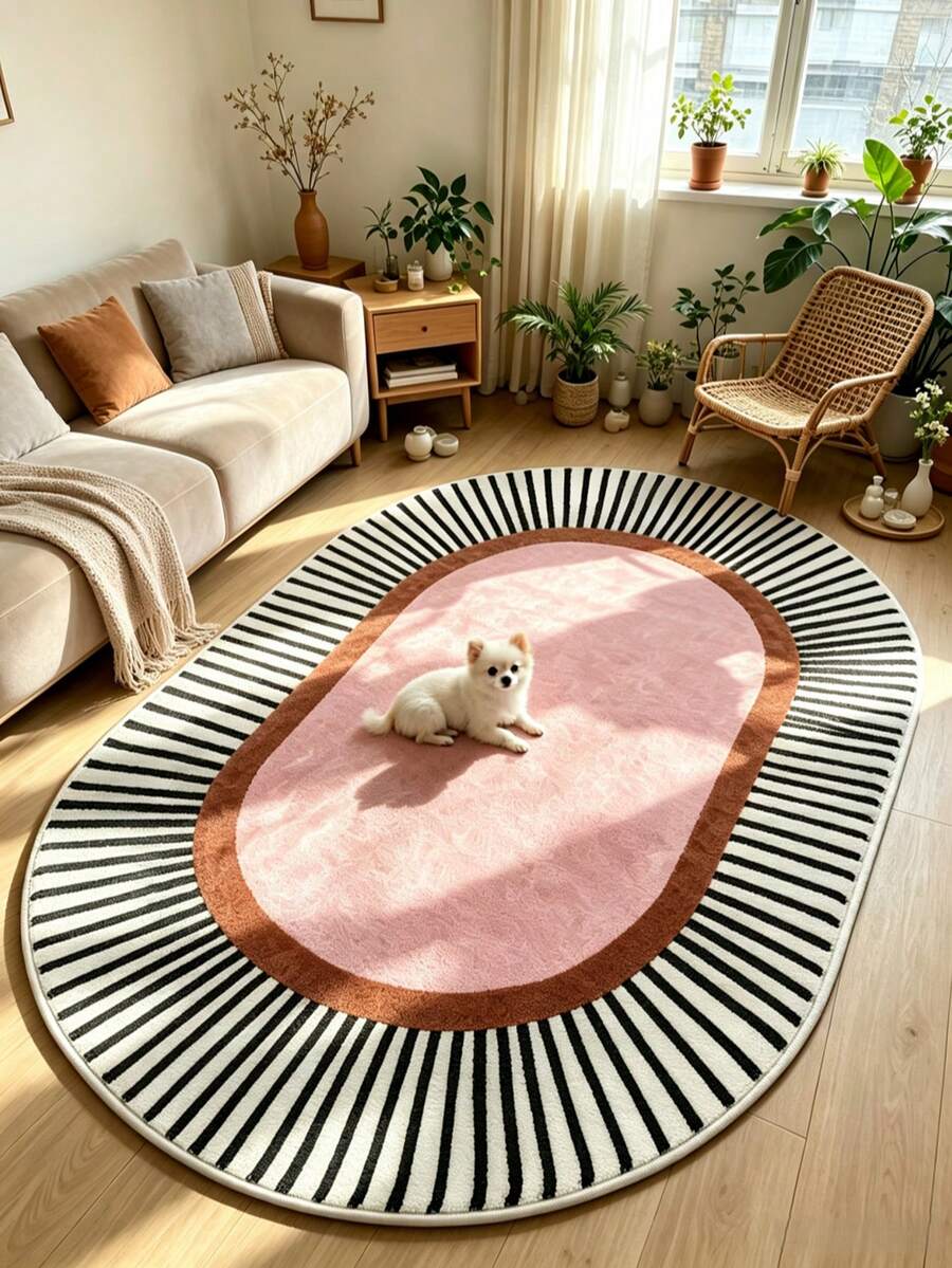 1 pieza Alfombra de área ovalada de color rosa-marrón, alfombra para sala de estar, alfombra lavable, decoración del hogar