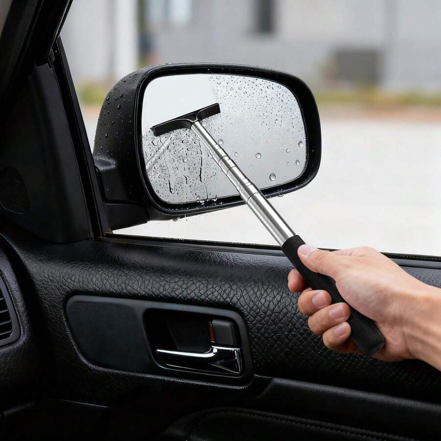 1pc Car Rearview Mirror Wiper, Retractable Multi-Function Defogging & Snow Removal Scraper, Car Window Glass Scraper, Worry-Free Rainy Day Driving - Black Retractable - View 1