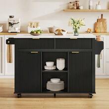 Kitchen Island On Wheels 120 X 45 Cm With Fold-Down Worktop, Kitchen Cart With 2 Drawers, 2 Doors, Spice Shelves And Towel Rail, Kitchen Unit On Wheels With Storage, White - Black - View 4