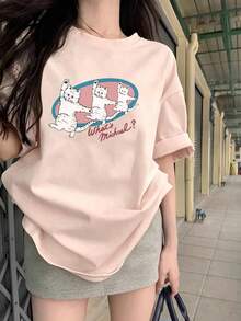 Women's Round Neck Short Sleeve T-Shirt, Summer New Cartoon Cat Pattern & Letter Print, Fashion Casual Versatile Loose Fit Top - Light Pink - View 9