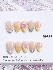 10pcs Handmade Medium Almond Shape Classic French Press-On Nails, Y2K Style, Warm Yellow Gradient French Tips With Shell Texture And 3D Floral Design, Gentle Style, Suitable For Party, Dance, Daily Wear, Comes With Tool Kit, Exquisite Gift For Women - Multicolor - View 1