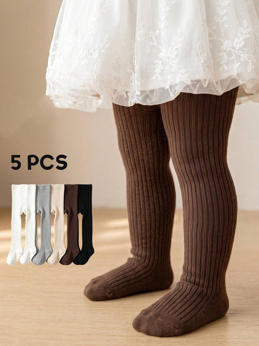 5 Pasang Celana Ketat Bayi Balita Motif Garis Vertikal Warna Polos, Gaya Minimalis Serbaguna untuk Semua Gaya, Celana Ketat Bayi Perempuan dan Balita - MultiWarna - View 1