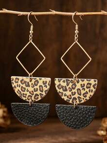 1 Pair Vintage Sexy Leopard Print & Black Half-Circle PU Leather Earrings, Metal Rhombus Geometric Patchwork Pendant Earrings - Multicolor - View 6