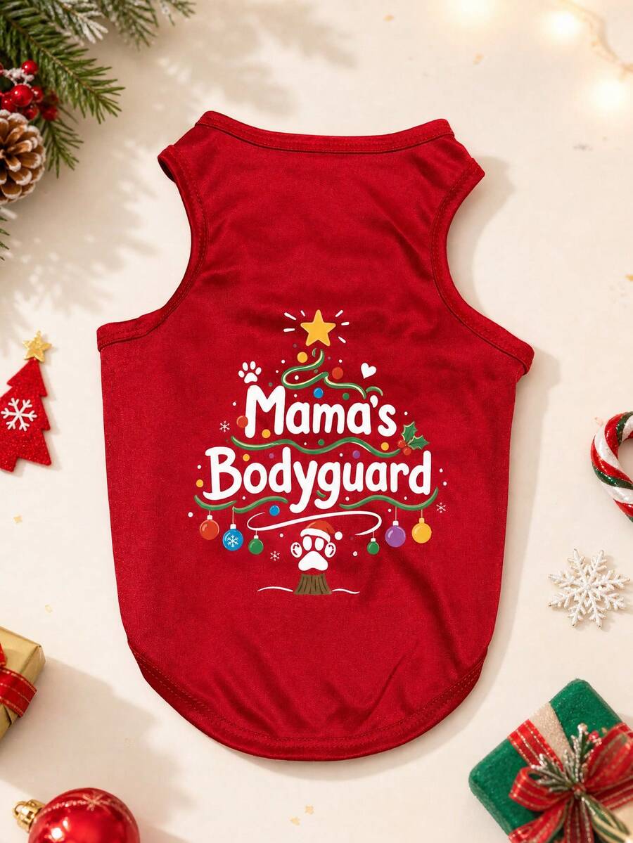1pc Christmas Tree Mom's Bodyguard Pattern Pet Vest, Fashionable, Breathable, Physical Anti-Shedding, Suitable For Cats And Dogs, Indoor And Outdoor - Red - View 1