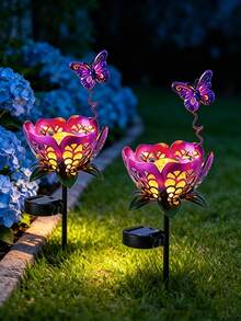 1pc Purple Hollow Flower Solar Ground Light, Butterfly Decor Cracked Glass Solar Garden Light, Waterproof Warm White LED Landscape Light, Suitable For Lawn, Pathway, Backyard, Patio, Villa, Wedding Outdoor Decoration - Multicolor - View 8
