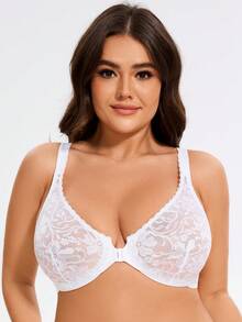 MELENECA Women's Front Closure Plus Size Racerback Stretch Lace Underwire Bra - White - View 3