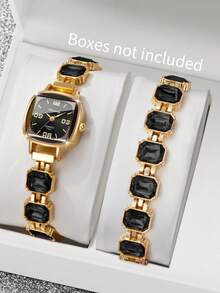 Women's Square Rhinestone Dial Digital Scale Quartz Bracelet Watch + Square Rhinestone Bracelet (2pcs/Set) Watch Box Not Included - Black - View 12