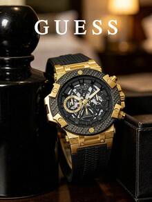 Jam Tangan Kronograf GUESS dengan Casing Besar, Desain Berongga, Tiga Sub-Dial, dan Tali Berlubang yang Bernapas, Jam Tangan Kasual Pria Gaya Street Hip-Hop GW0486G2 - Hitam - View 2