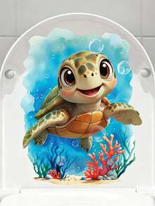 1pc Cartoon Turtle Toilet Lid Sticker, Underwater Coral Bubble Pattern, Creative Self-Adhesive Bathroom Decor Sticker, Cute Little Turtle Ocean Toilet Sticker, Underwater Background Pattern, PVC Self-Adhesive Removable Wall Sticker, Suitable For Children's Room, Bathroom Wall, Etc. - Multicolor - View 13
