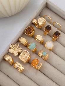16pcs/Set Vintage Geometric Jade Inlaid Ring Set, Women's Thick Metal Gold Tone Rings, Suitable For Women's Daily Wear And Party Decoration, Gift Jewelry Set (Ring Texture Random) - Gold - View 3