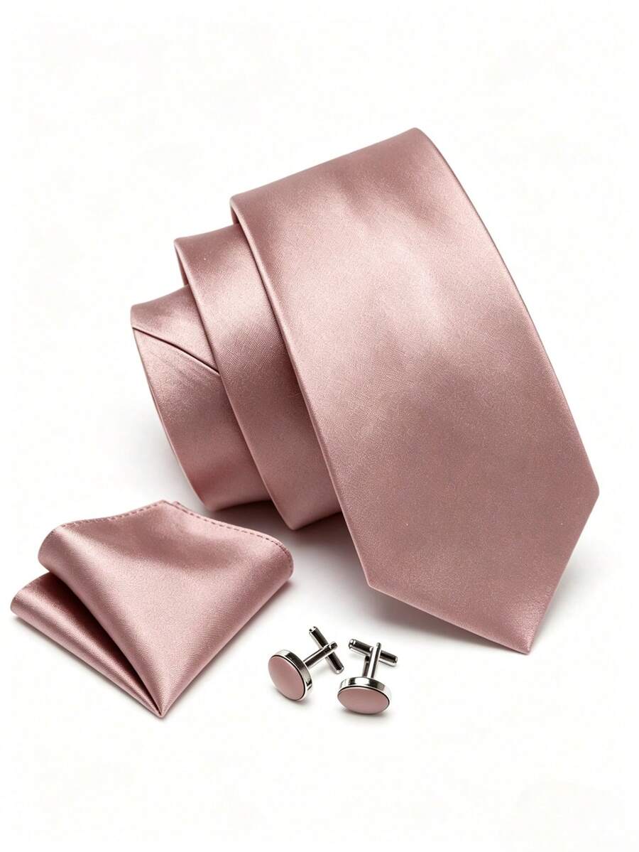 1pc Barry Wang Silk Men's Tie Set, Gold & Dark Green Solid Color Tie, Pocket Square, Cufflinks Set, Wedding, Business, Banquet - Dusty Pink - View 1