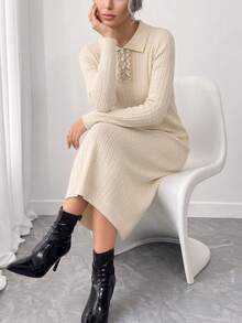 GIGOGOU Autumn Winter Women Polo Collar Ruffle Pearl Button Cable Knit Sweater Dress Long Sleeve Midi Rib Dress Outfit Soft Cozy Fall - Apricot - View 4