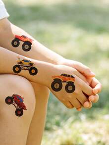 14 piezas Pegatinas de tatuaje temporal de coche de carreras de dibujos animados, resistentes al agua & de larga duración, para fiesta de vacaciones - Multicolor - Ver 3