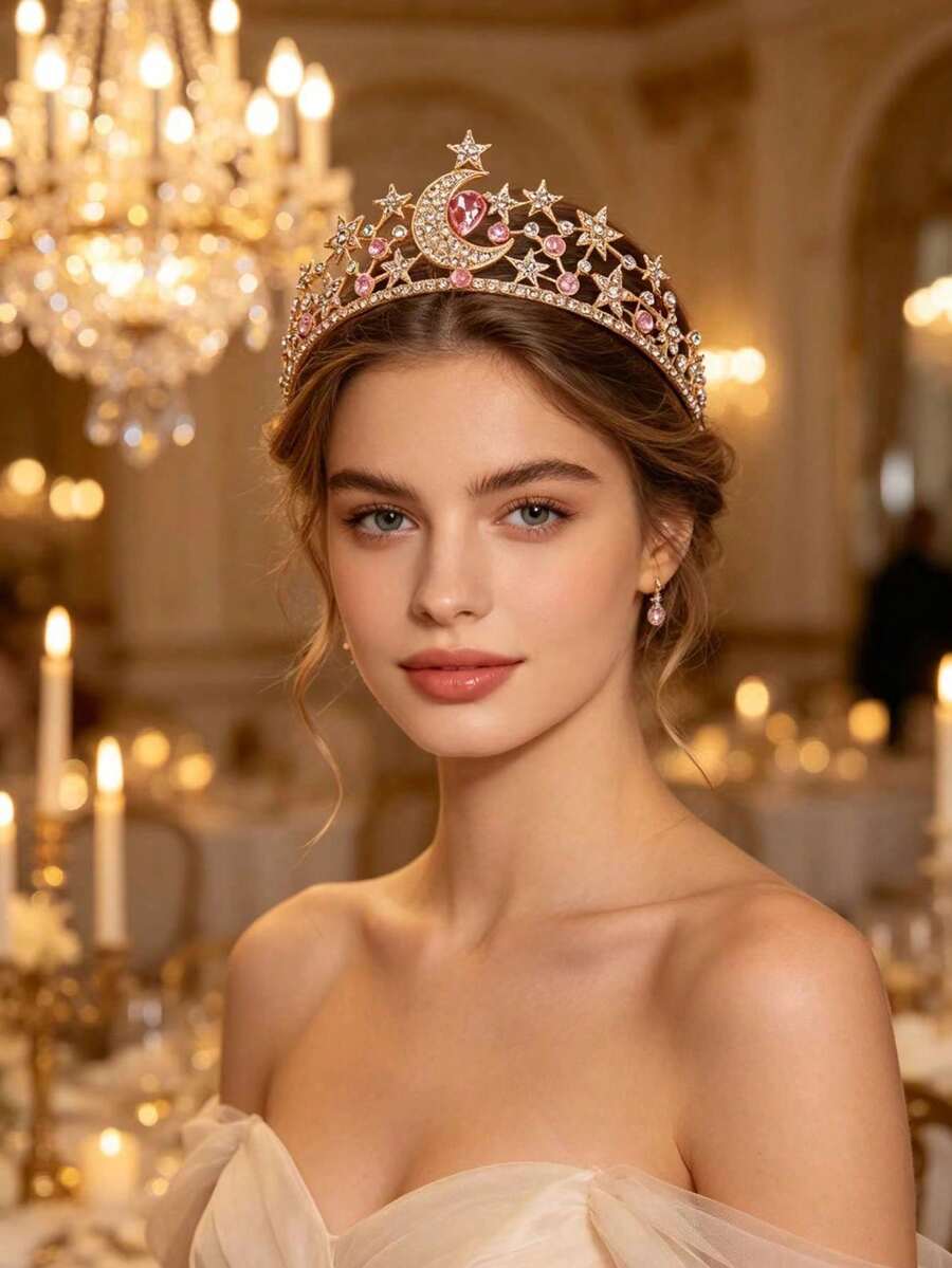 1件女款時尚公主皇冠甜美水鑽生日髮飾髮箍 - 44013粉紅色 - 查看 1