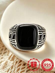 925 Sterling Silver Antique Style Wide Band Ring For Men, Featuring Exquisite Black Onyx Inlay Design, Combining Artistic Elegance And Versatility, Suitable For Daily Wear And Formal Occasions - Silver - View 3