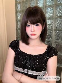 alicegarden 12-Inch Long Synthetic Short Bob Wig Featuring A Natural Straight Style A Stunning Black-Brown. Designed With Bangs , This False Hairpiece Is Perfect For Ms Daily Party Cosplay Use, Offering A Natural And Natural Durable Wig Gift For Ladies., Halloween - Black Brown - View 3