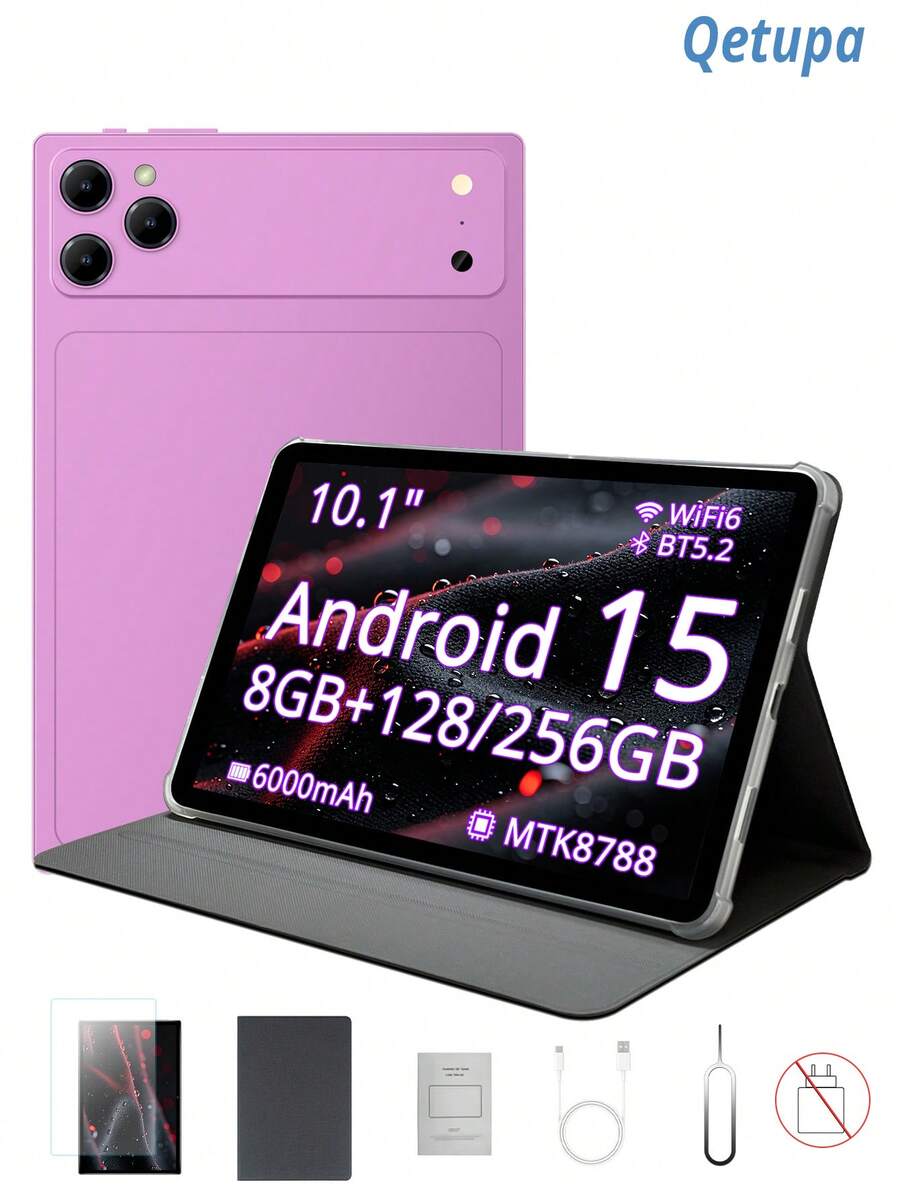 Qetupa 10.1 Inch Android Tablet, Equipped With Protective Case And Screen Protector, 8GB RAM And 128GB/256GB Internal Storage (Supports 1TB Expansion), MTK8788 Octa-Core Processor, 1280x800 Touchscreen, 5MP Front Camera And 13MP Rear Camera, 6000mAh Battery - Mauve Purple - View 1