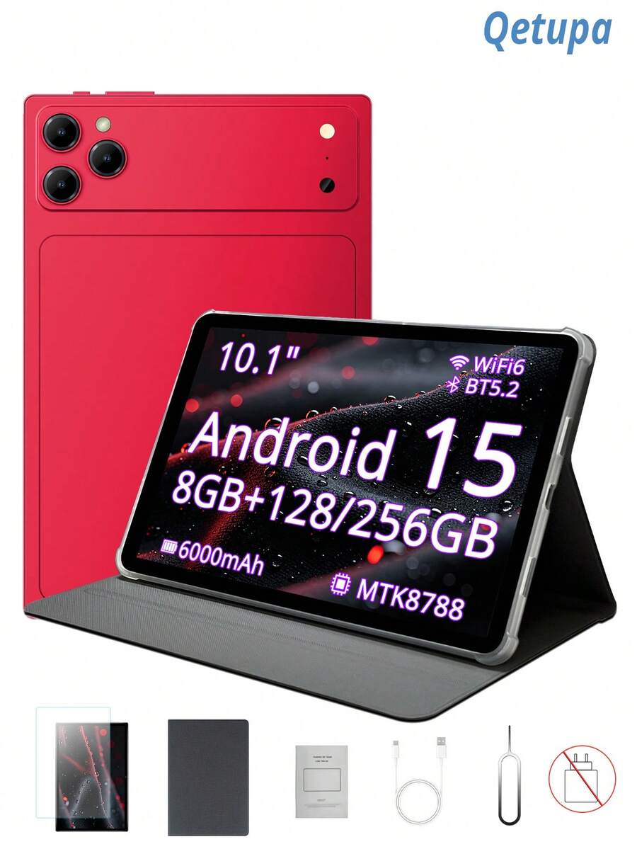 Qetupa 10.1 吋 Android 15 平板電腦,附保護殼與螢幕保護貼,8GB RAM 與 128GB/256GB 儲存空間(支援 1TB 擴充),MTK8788 八核心處理器,1280x800 觸控螢幕,5MP 前置鏡頭與 13MP 後置鏡頭,6000mAH 電池 - 酒紅色 - 查看 1