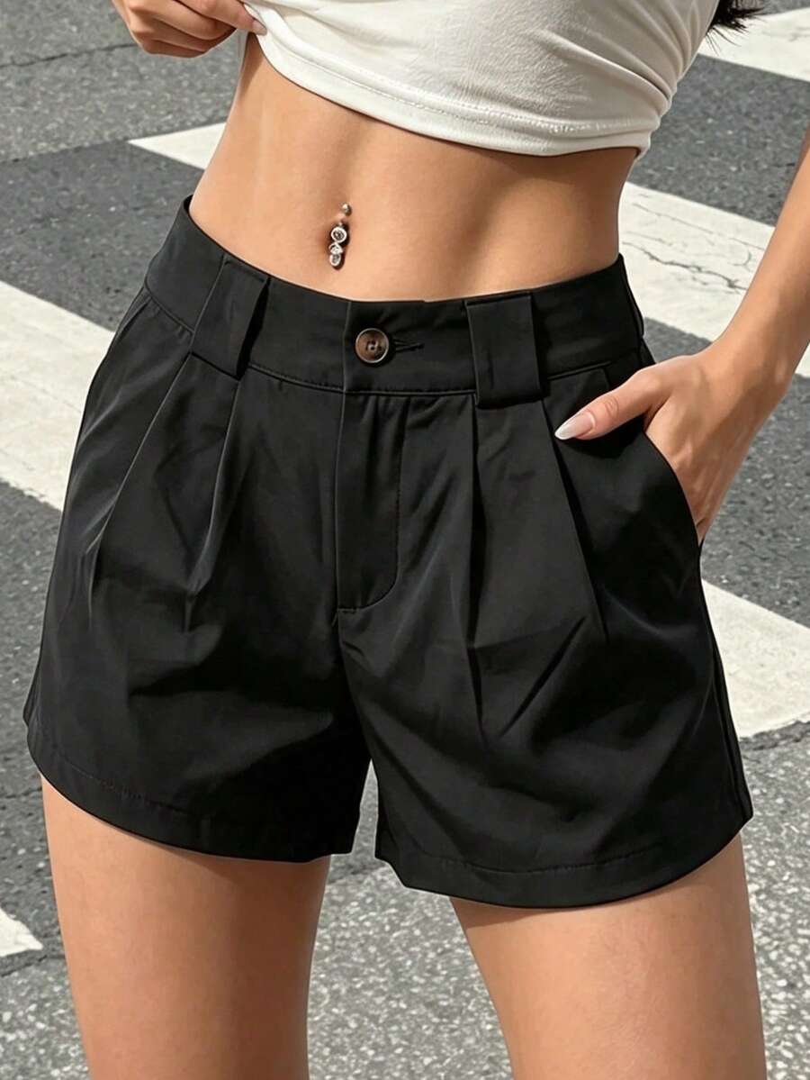 女款一體式薄款短褲,夏季 A 字版型寬鬆修身休閒褲,百搭(運動、運動休閒) - 黑色 - 查看 1