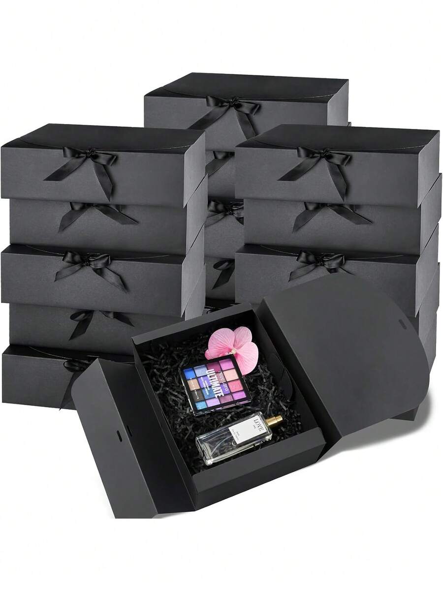 黑色附蓋禮品盒 10.6 x 7.8 x 3.1 英吋 3/5/8 入組，附緞帶，伴娘伴郎邀請盒，適用婚禮、生日禮物包裝 - 黑色 - 查看 1