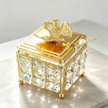 Luxury Square Cut Crystal Sugar Bowl With Ginkgo Leaf Lid And Pearl Spoon, Metal Frame Glass Sugar Jar With Spherical Feet, Decorative Kitchen Canister, Coffee Bar, Home Afternoon Tea, Dining Table Decor - Gold - View 6
