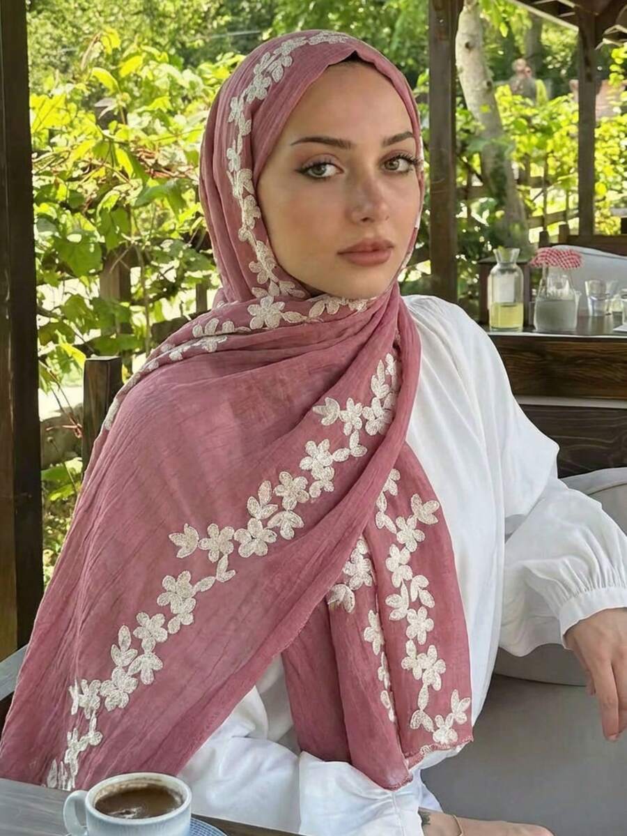 1PC Women's Fashion Solid Color Embroidered Scarf Headscarf Suitable For Daily Casual Wear