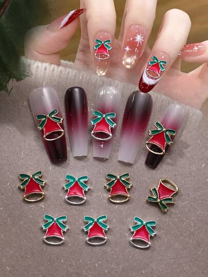 10pcs Christmas Bell Shaped Nail Art Decorations, Suitable For Nail Design, Red & Green Nail Art Decor, Nail Salon Accessories, Holiday Atmosphere Nail Supplies, Perfect For DIY Nail Art And Nail Salon Use Nail Gems Nail Materials