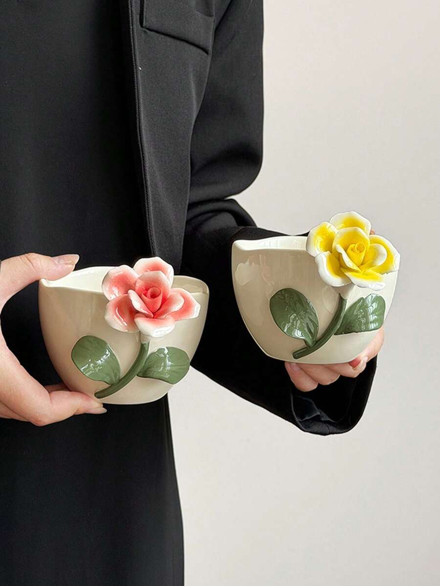 1pc Vintage Creative Handmade 3D Floral Relief Ceramic Mug, Exquisite Highly Attractive Coffee Cup, Wavy Petal Asymmetric Rim Design With Rounded Body, Suitable For Arabic Espresso, Middle Eastern Black Tea, Milk, Microwave , Dishwasher - Multicolor - View 1