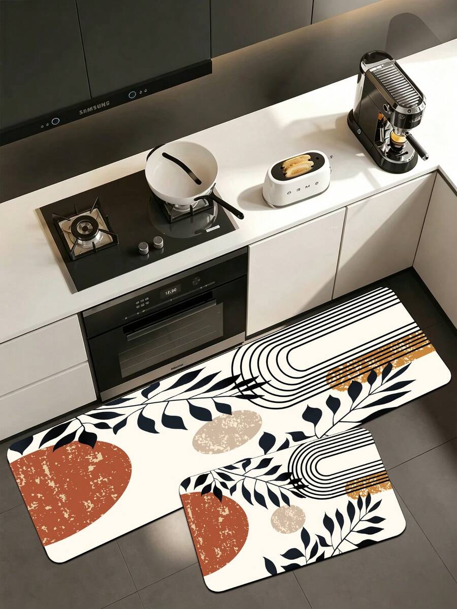 1pc Nordic Abstract Plant Geometric Diatom Mud Mat, 3.5mm Kitchen Anti-Slip Mat Indoor Rug, Suitable For Kitchen, Bathroom, Living Room, Hallway, And Outdoor Garden Decoration - Multicolor - View 1