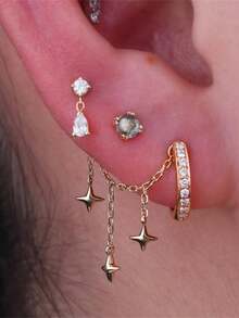 1pc 925 Sterling Silver Moss Agate Star-Shaped Marquise Opal Chain Earring, Suitable For Pierced Ear Cartilage Helix Conch, Agate Ear Clip Pendant Chain - Gold - View 2