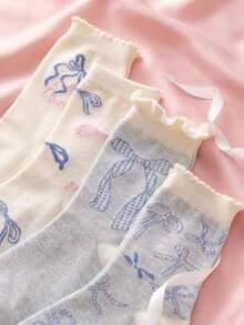 4 Pairs Blue Bow White Ruffle Mid-Calf Socks, Women's Socks, Sweet And Cute Socks, Student Socks, Preppy Design, Suitable For All Seasons, Christmas Gift - Multicolor - View 2