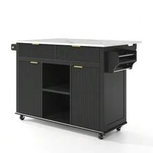 Kitchen Island On Wheels 120 X 45 Cm With Fold-Down Worktop, Kitchen Cart With 2 Drawers, 2 Doors, Spice Shelves And Towel Rail, Kitchen Unit On Wheels With Storage, White - Black - View 8