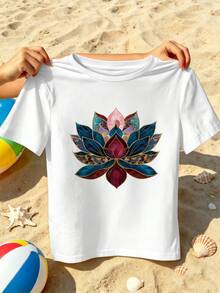 Lotus Floral Print Women's T-Shirt, Soft Cotton, Relaxed Fit, Casual And Comfortable, Graphic Design. - White - View 2