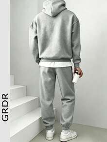 GRDR American Minimalist Basic Gray Loose Hoodie & Jogger Pants Casual Set For Men - Grey - View 6