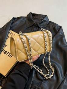 Mini bolso de mano con cadena acolchada de diamantes nuevo, bolso bandolera de diseño simple, bolso de hombro para ir al trabajo - Mostaza Amarilla - Ver 7