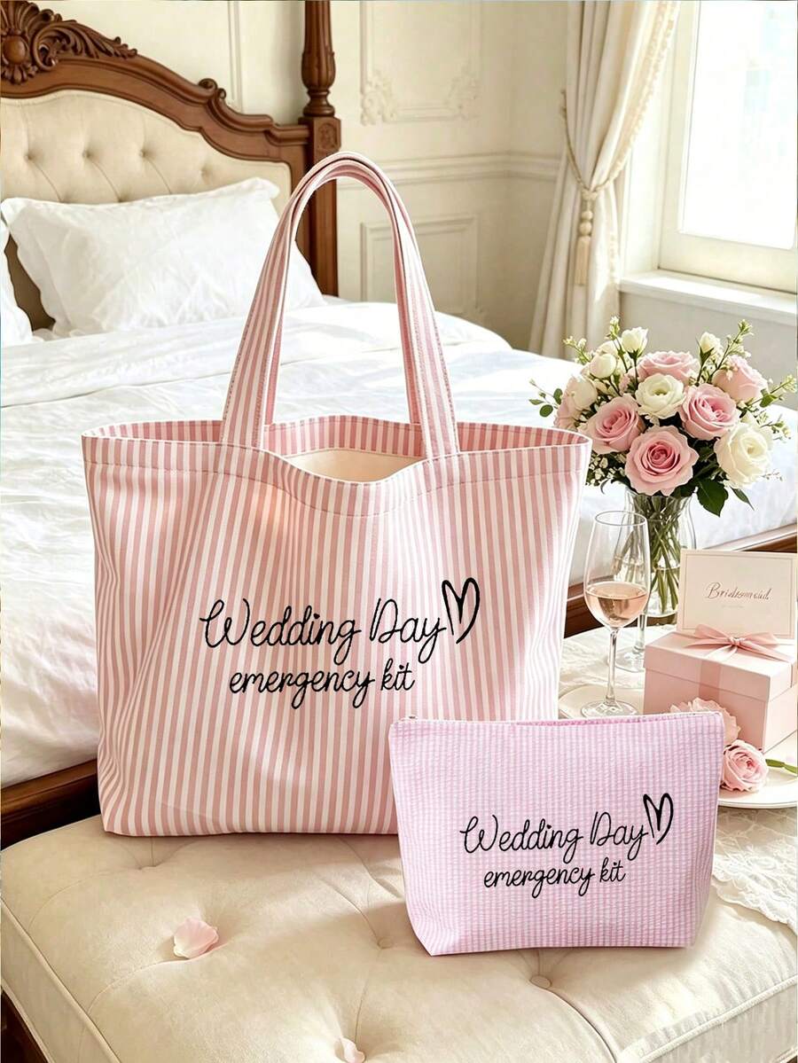 1/2件組條紋托特包與化妝包,印有「Wedding Day」文字,適合度假、通勤、購物,送給家人與朋友的禮物 - 彩色 - 查看 1