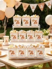 10pcs Bohemian Teddy Bear Paper Popcorn Boxes, Neutral Bear Baby Shower Candy Boxes, We Can Wait Theme Popcorn Boxes, Food Boxes, Snack Boxes, French Fries Boxes, Bread Boxes, Birthday Decorations, 1st Birthday Party Decorations, Baby Shower Party Supplies, Gender Reveal Table Decor, Home Decor, Family Gathering Supplies - Brown Bear - View 3
