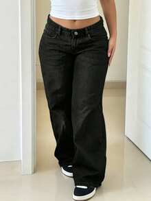 Celana Jeans Denim Potongan Lurus untuk Remaja - Hitam - View 4
