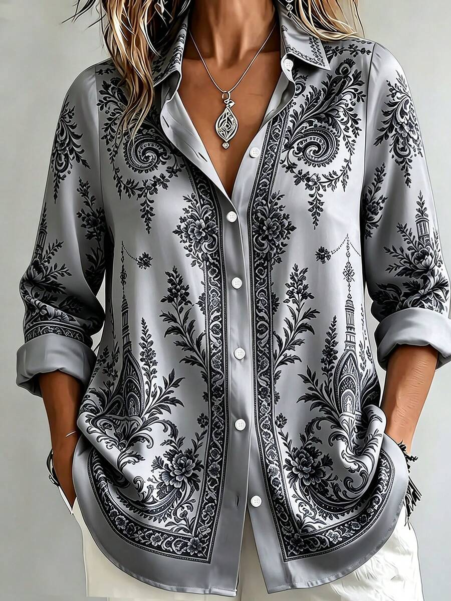 Casual Fashion Baroque Floral Print Women's Plus Size Long Sleeve Button-Up Blouse Vacation